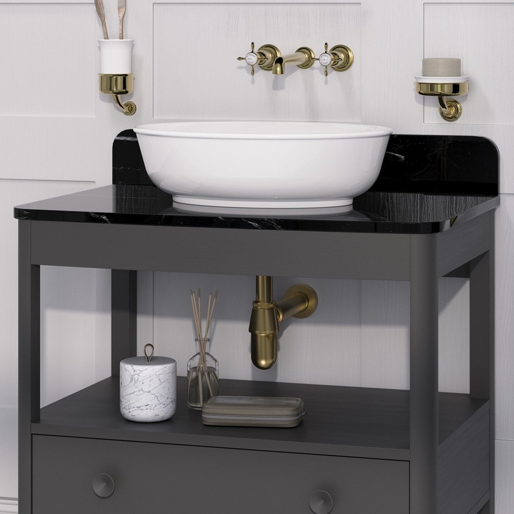 Product lifestyle image of Burlington Guild 850 Ashbee Grey Furniture Unit with Marquina Worktop with countertop basin and gold accessories close up GU8500DAG_FS GU850TMQ
